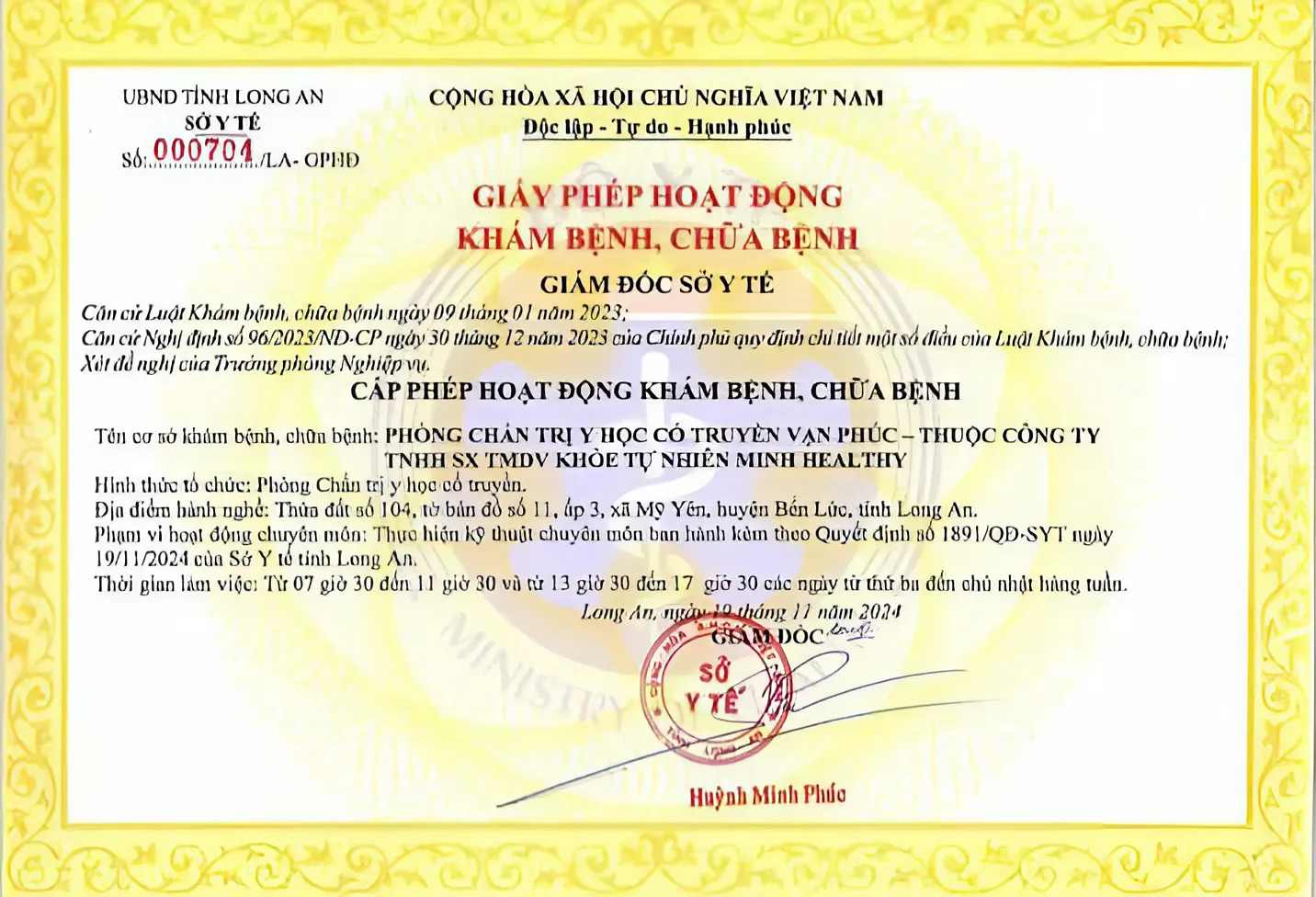 Giấy phép hoạt động Phòng Chẩn Trị Y Học Cổ Truyền Vạn Phúc